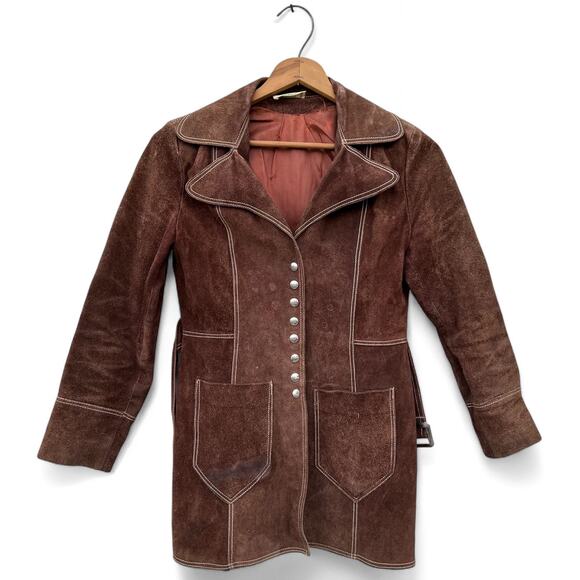 Vintage 60s 70s Suede Leather Western Long Blazer Overcoat Jacket Coat Brown